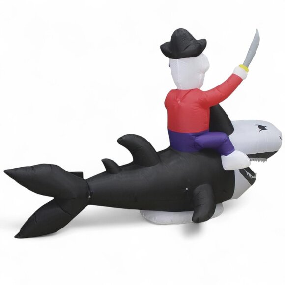 HUGE 8 FT Pirate Riding Skeleton Shark LED Inflatable Halloween Yard Prop NEW - Picture 6 of 7